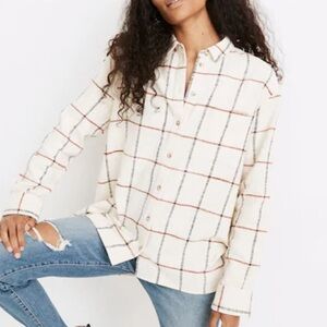 Madewell Oversized Cream and Red Plaid Button down Flannel
